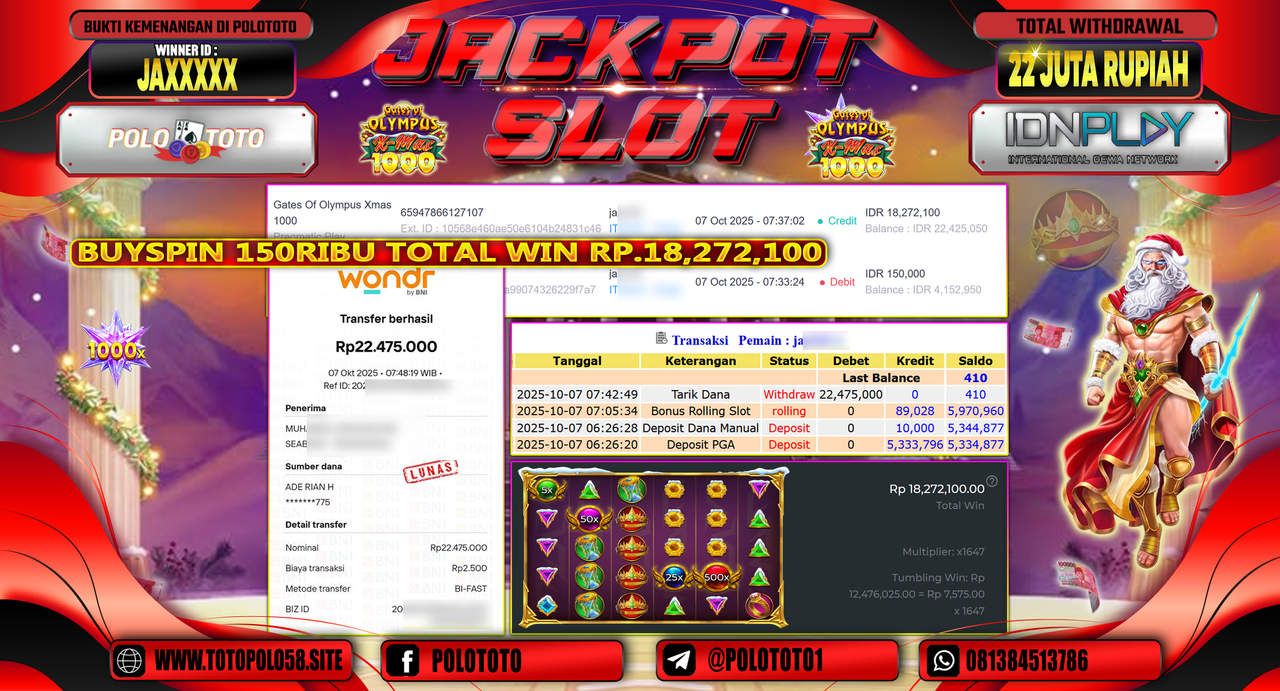 POLOTOTO JACKPOT SLOT GATES OF OLYMPUS XMAS 1000 Rp.22.000.000,- LUNAS