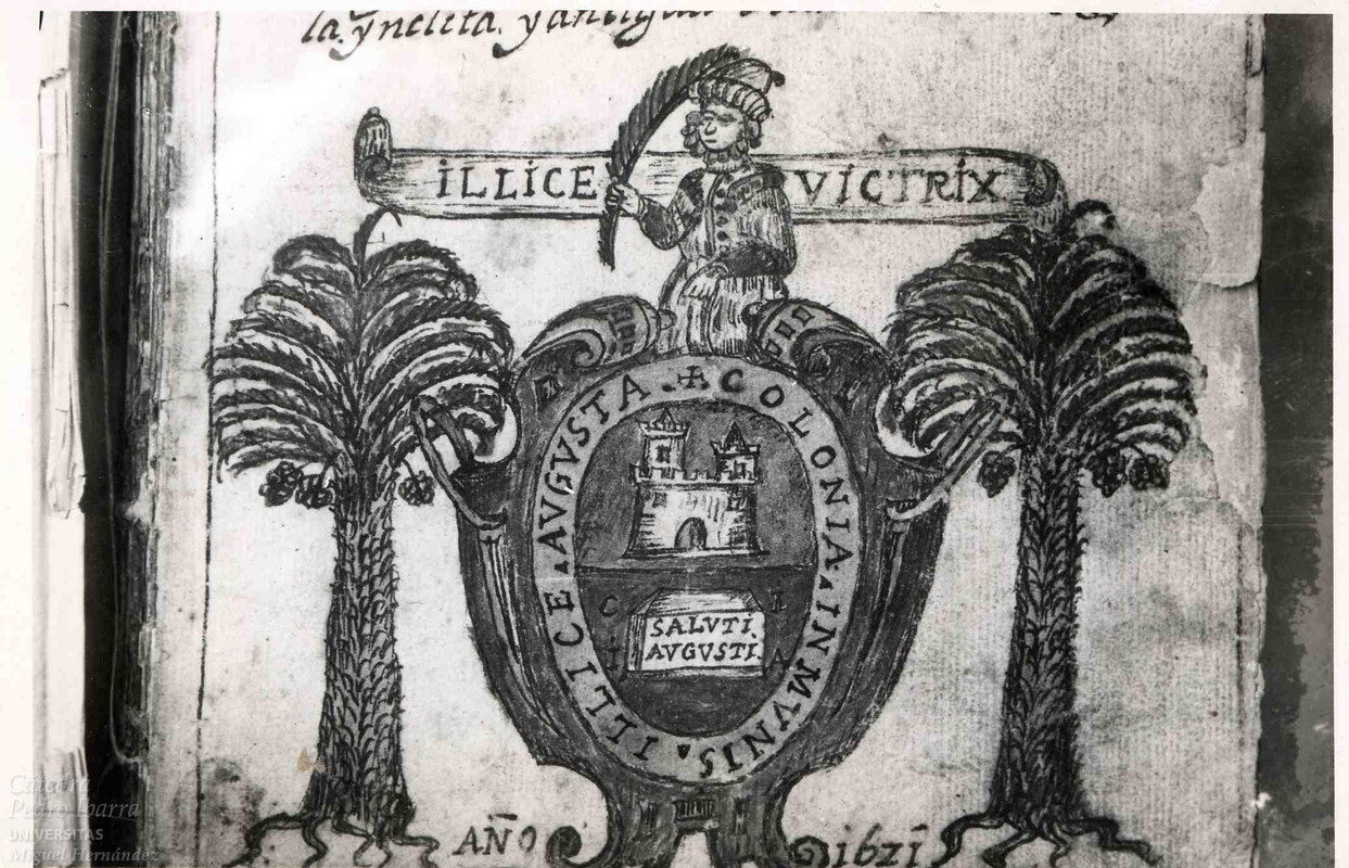 El escudo de la ciudad de Elche es en gran parte el reverso de un Semis o un As de Tiberio acuñado en Ilici Augusta. Escudo-de-Elche-del-a-o-1621-2