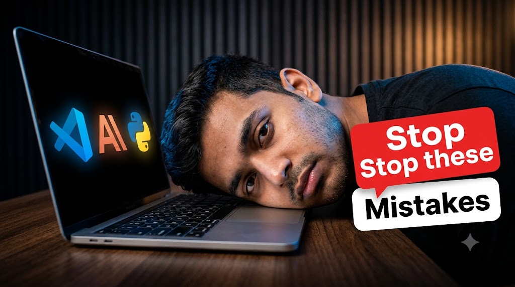 AI-generated example result for the youtube-thumbnail prompt: Stop These Mistakes Thumbnail – Developer Burnout & Coding Errors Design AI YouTube Thumbnail Prompt