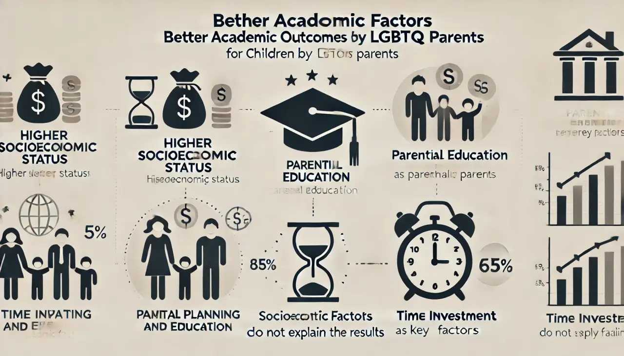 Socioeconomic factors contributing to better academic outcomes for children raised by LGBTQ parents, including income, education, and time investment.