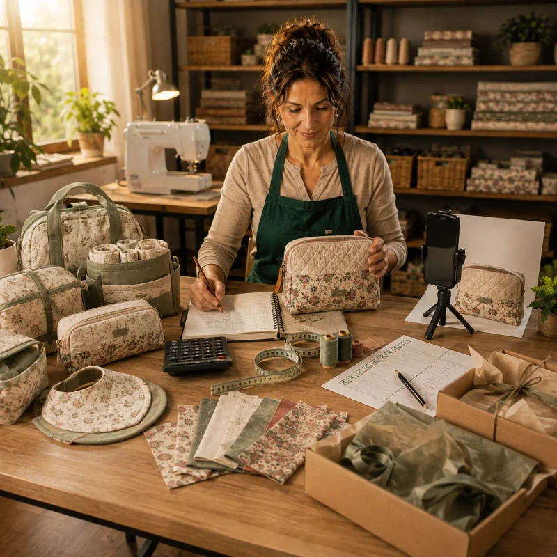 Pack completo: bolsos, neceseres y piezas de canastilla junto a cuaderno, calculadora y cajas listas para enviar
