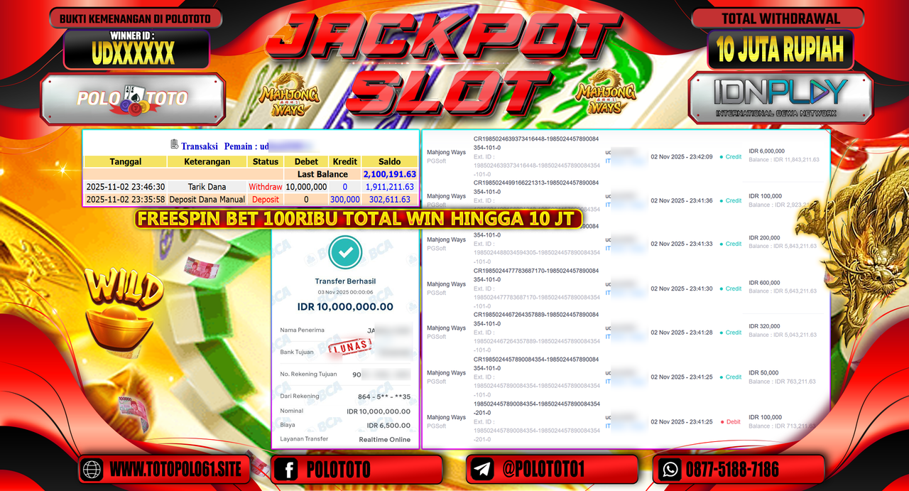 POLOTOTO JACKPOT SLOT MAHJONG WAYS Rp.10.000.000,- LUNAS