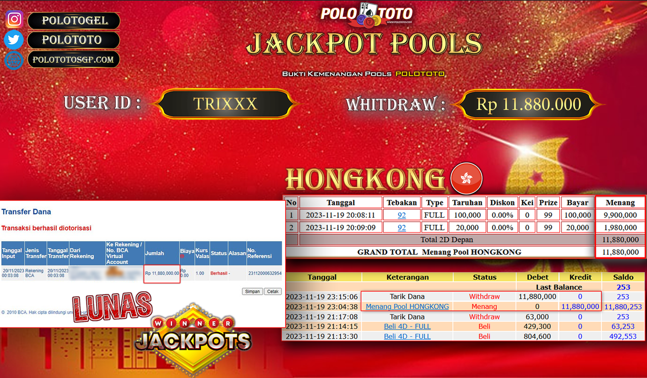 BUKTI PEMBAYARAN JACKPOT DIPOLOTOTO DIBAYAR LUNAS!!!