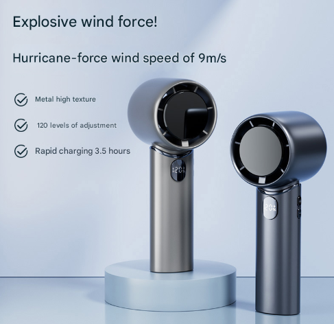 Supplier reference image for Grey Mini Bladeless Handheld Fan - USB Rechargeable, Quiet Portable Desk Fan
