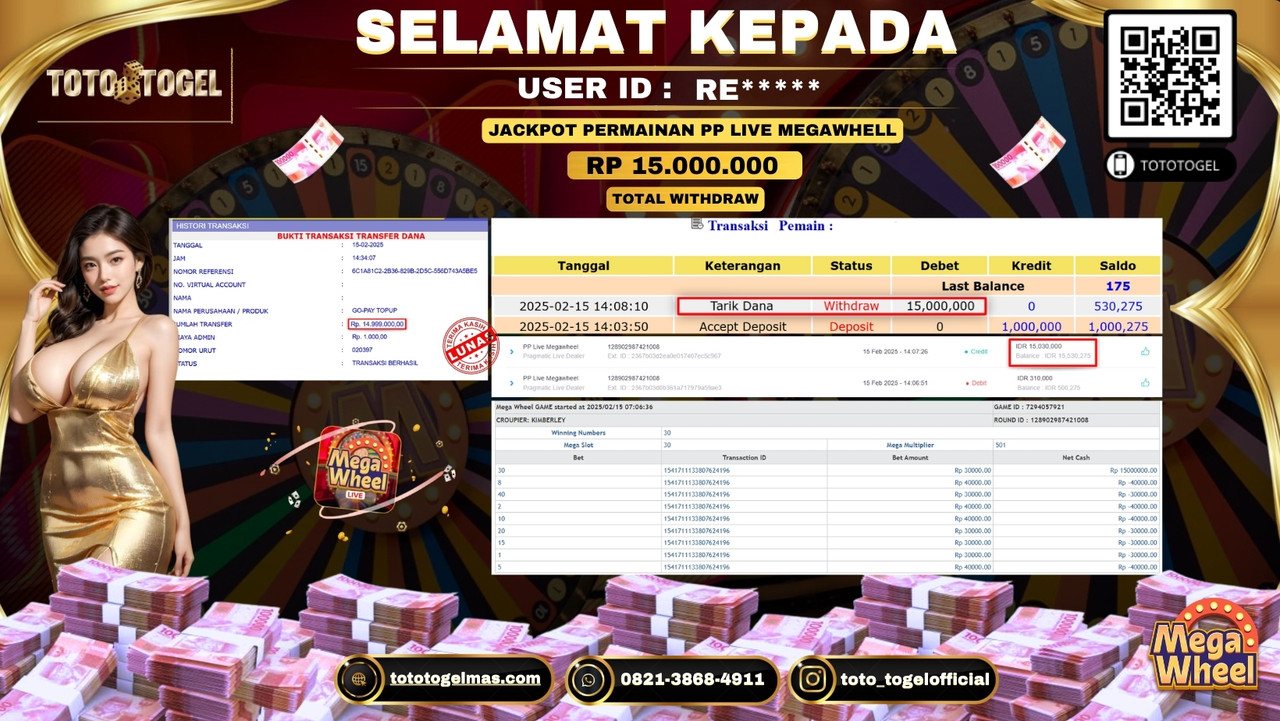 Bukti Pembayaran Jackpot  Permainan Pp Live megawheel   ID:RE***** LUNAS