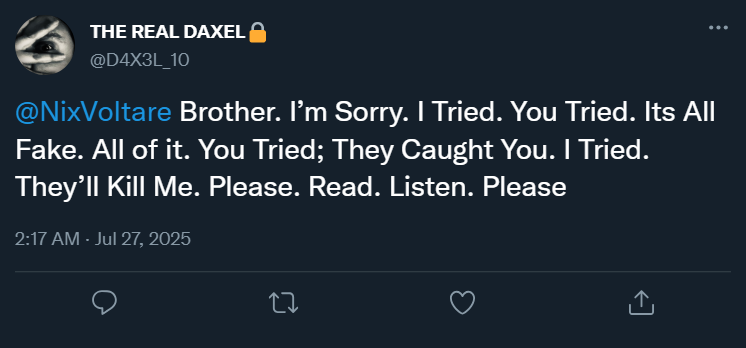 “02:17 @D4X3L_10: “@NixVoltare Brother. I’m Sorry. I Tried. You Tried. Its All Fake. All of it. You Tried; They Caught You. I Tried. They’ll Kill Me. Please. Read. Listen. Please”