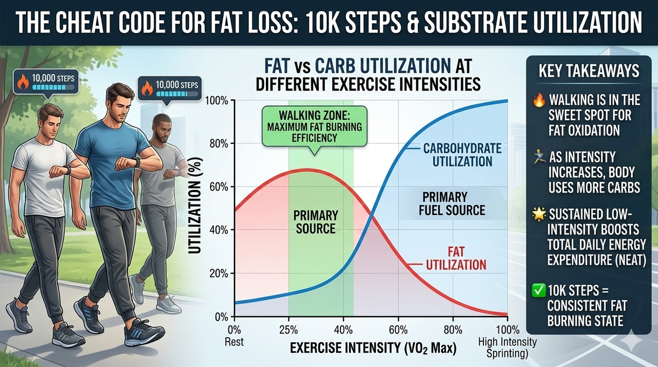 Graph showing fat vs carb utilization at different exercise intensities for why walking 10k steps is a cheat code for fat loss