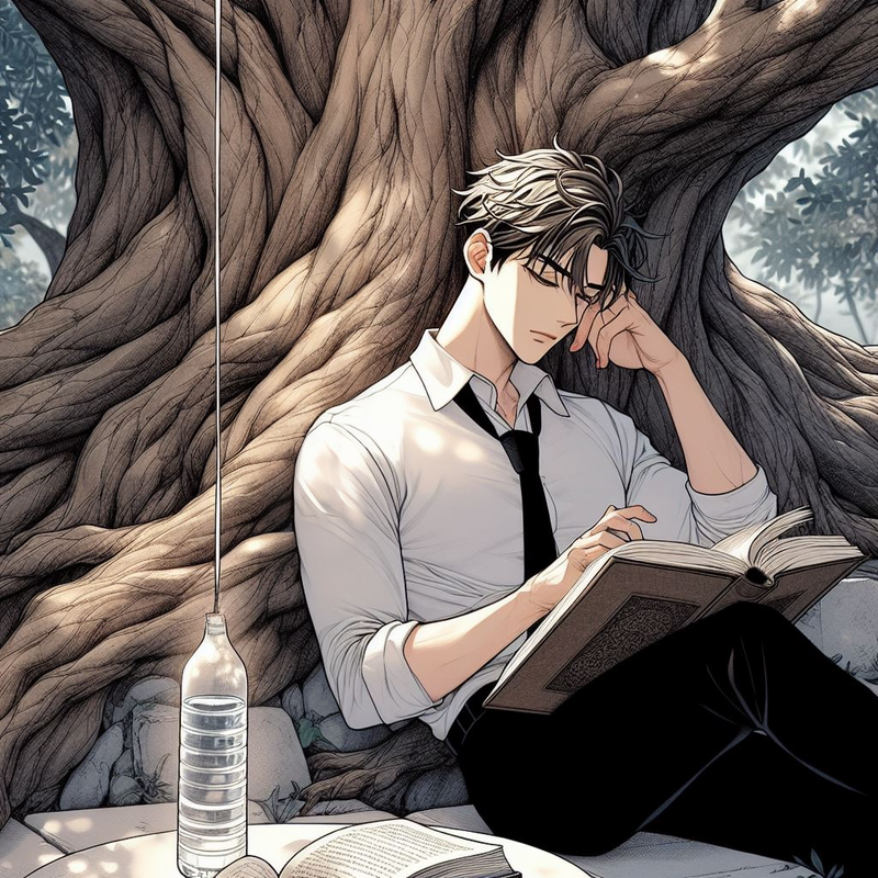 A very handsome man, wearing a shirt, a black tie and trousers, sitting on a white stone benc 2