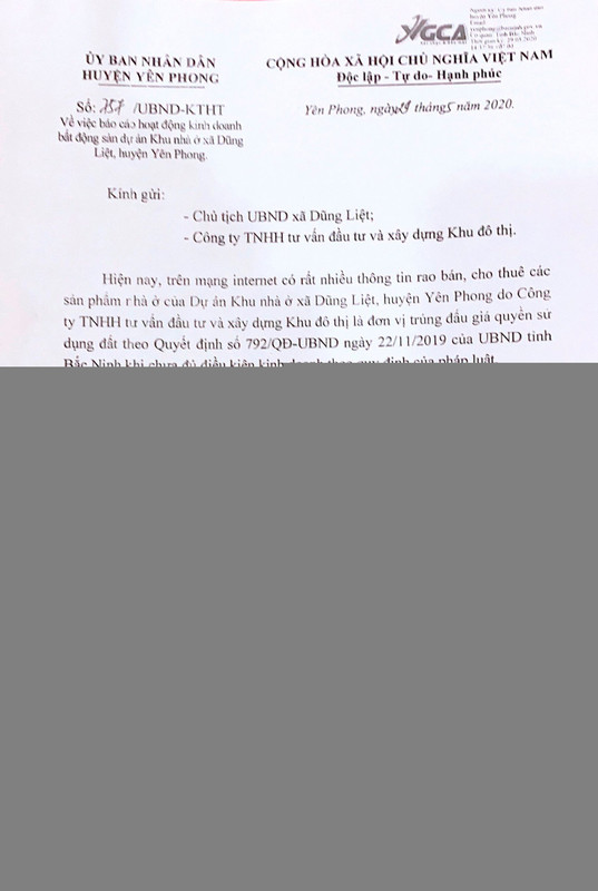 Dung Liet Green City 04 Yên Phong: Dừng ngay việc huy động vốn trái phép tại Dự án Dũng Liệt Green City