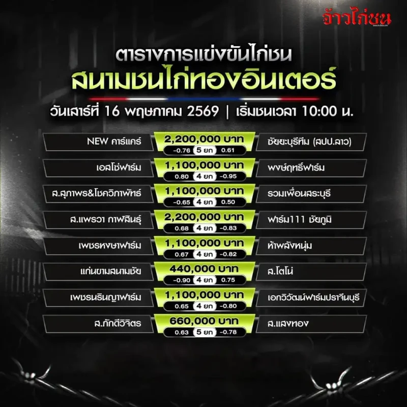 โปรแกรมไก่ชน สนามชนไก่ทองอินเตอร์ วันเสาร์ที่ 16 พฤษภาคม 2569