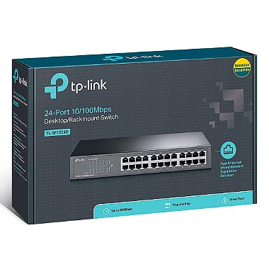 Switch TP-Link TL-SF1024D mostrando suas 24 portas Fast Ethernet e design para rack.