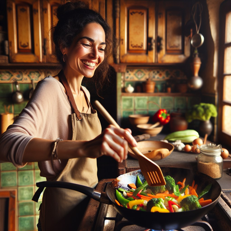 Person cooking a healthy, colorful meal in a bright kitchen