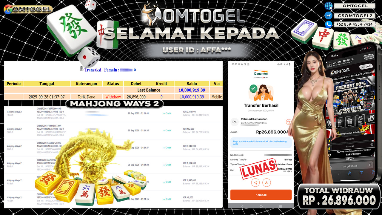 OMTOGEL JACKPOT PGSOFT MAHJONG WAYS 2 26 JUTA DI BAYAR LUNAS ,-