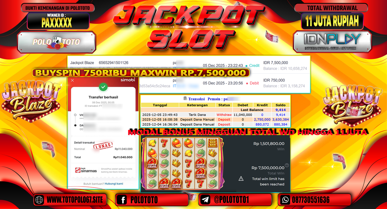 POLOTOTO JACKPOT SLOT JACKPOT BLAZE Rp.11.000.000,- LUNAS