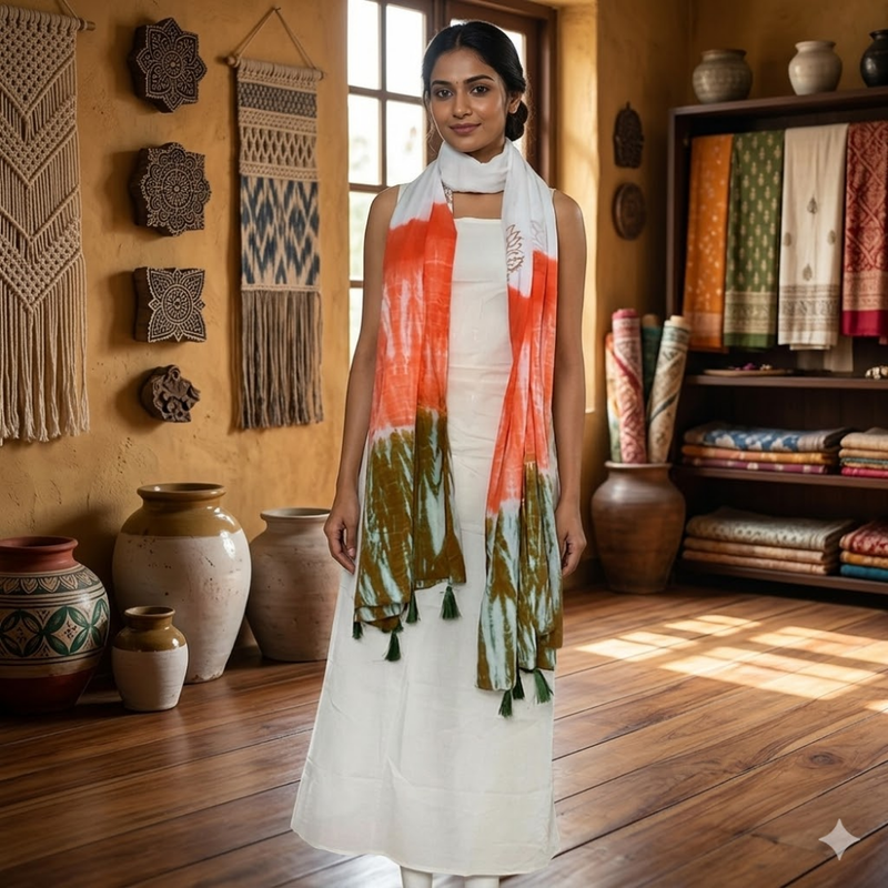 Handcrafted Orange Green Hand Block Printed and Tie & Dye MulMul Cotton Dupatta