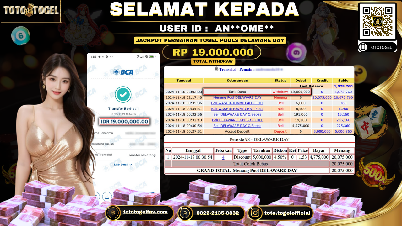 Bukti Pembayaran Jackpot Permainan Togel Pools Delaware Day ID: AN**OME** LUNAS 