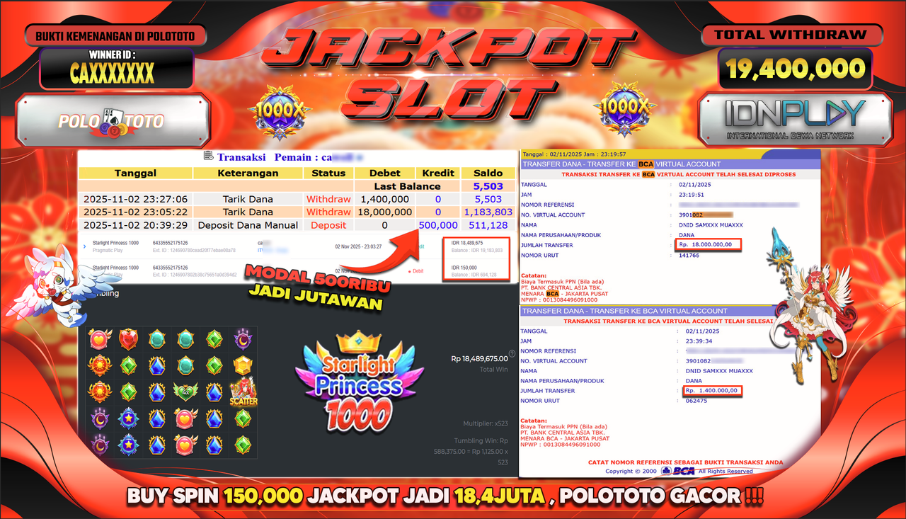 POLOTOTO JACKPOT SLOT STARLIGHT PRINCESS 1000 Rp.19.400.000,- LUNAS
