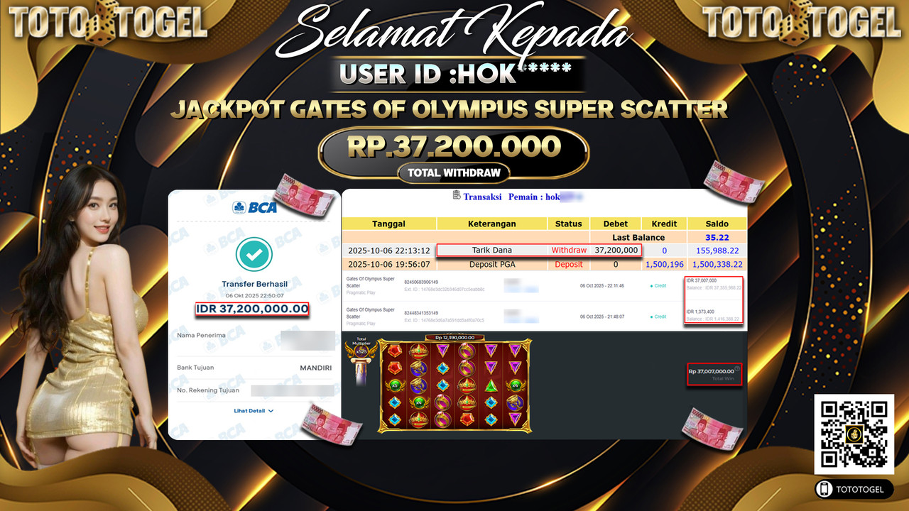 Bukti Pembayaran Jackpot Permainan Slot Gates Of Olympus Super Scatter ID:HOK*** LUNAS