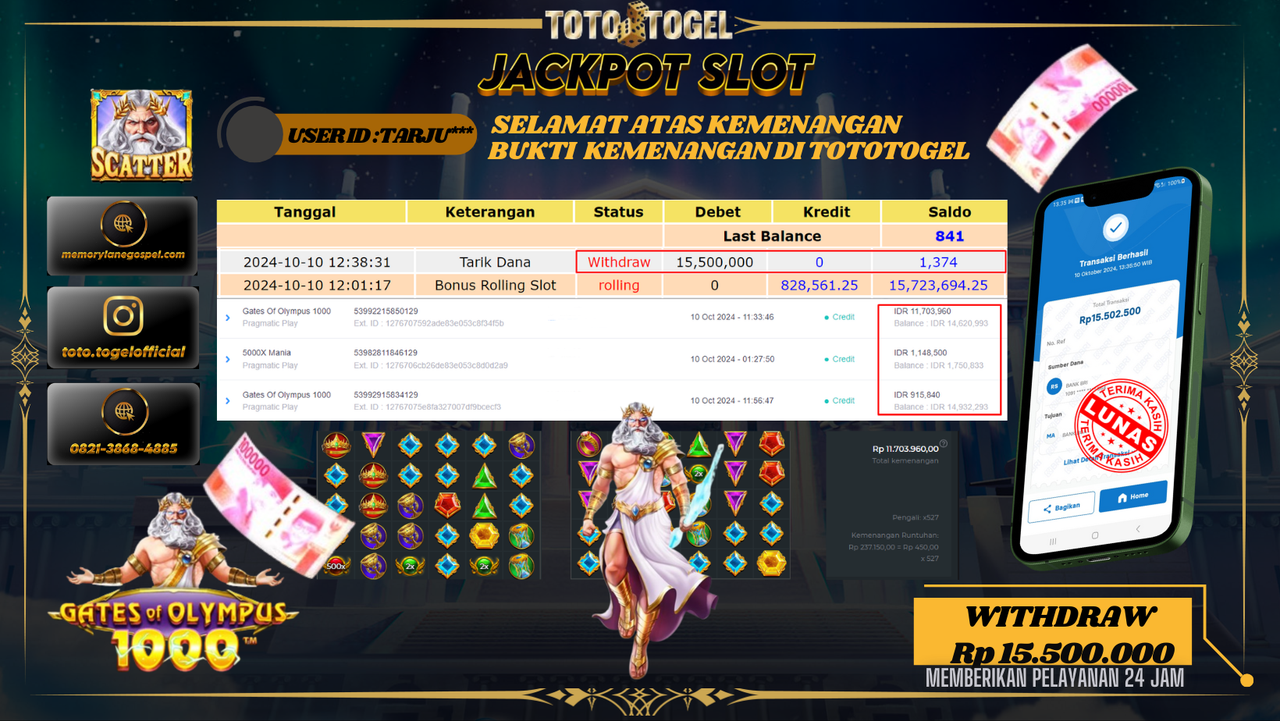 Bukti Kemenangan Permainan SLOT Gates Of Olympus  1000 ID : TARJU*** Terbayar Lunas!!