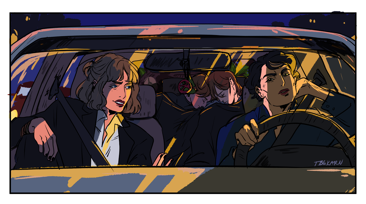 Mike driving, Robin sitting shotfun,  Jonathan and Will sleepin in back seats
