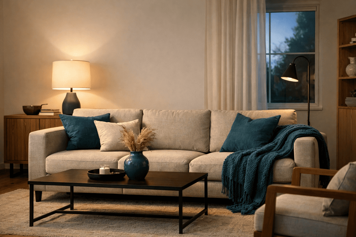 Нейтральная гостиная с повторяющимися акцентами в текстиле и декоре