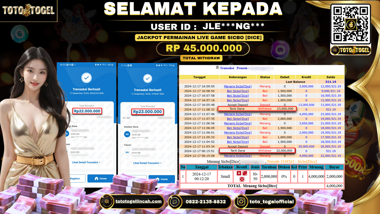 Bukti Pembayaran Jackpot Permainan Live Game Sicbo [DICE] ID: JLE***NG*** LUNAS