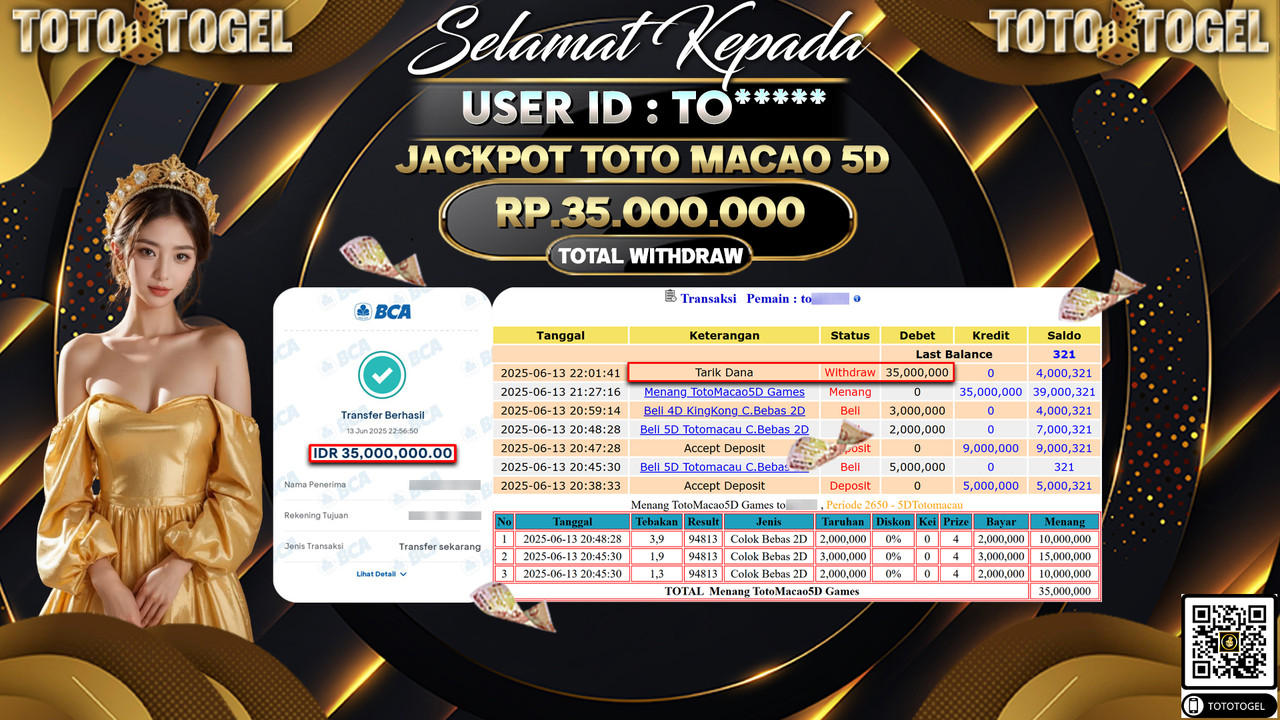 Bukti Pembayaran Jackpot Permainan Togel Toto Macao 5D ID:TO***** LUNAS
