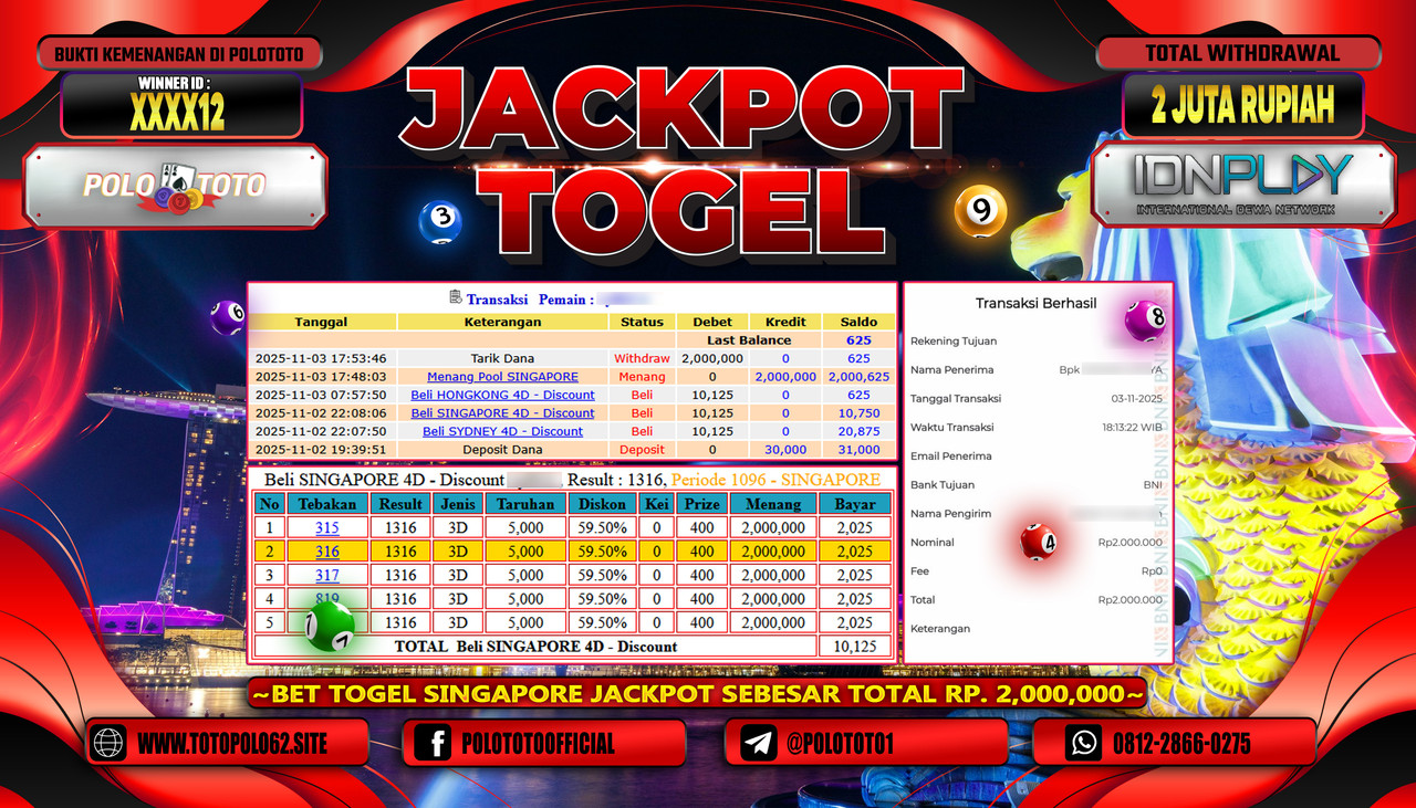 POLOTOTO JACKPOT TOGEL POOL SINGAPORE Rp.2.000.000,- LUNAS