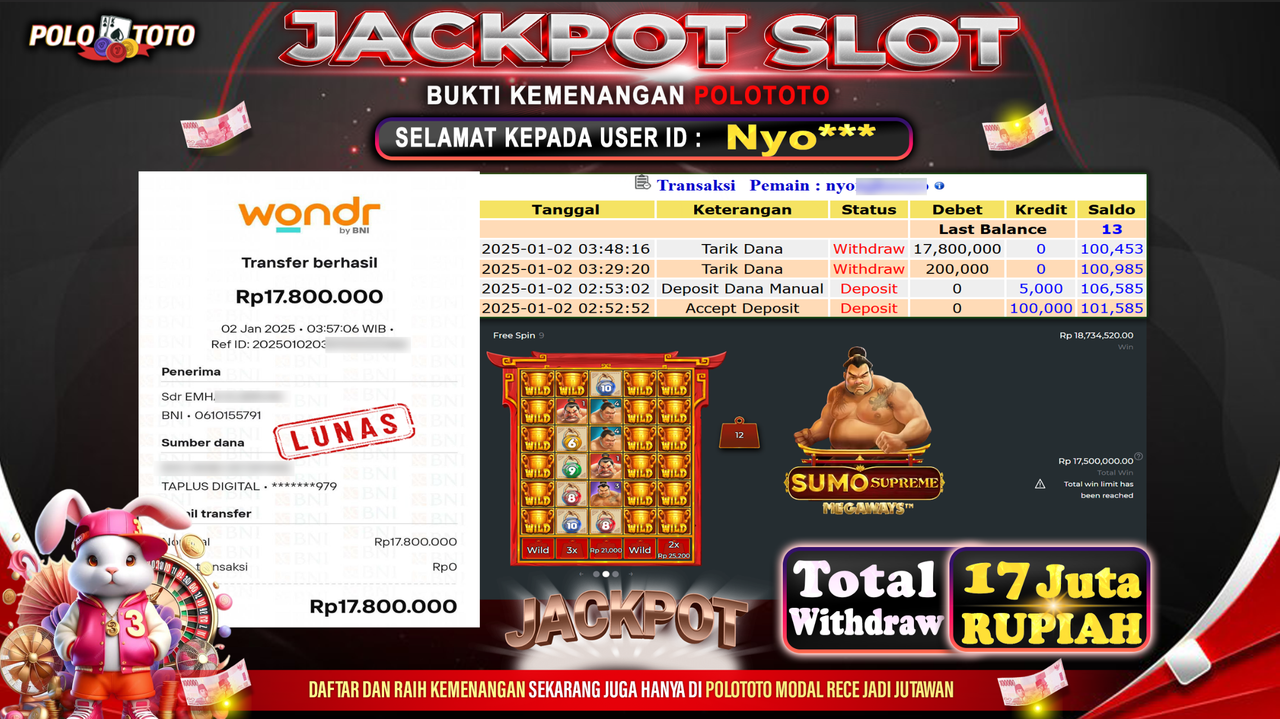 POLOTOTO JACKPOT SLOT SUMO SUPREME MEGAWAYS Rp.17,800.000,-