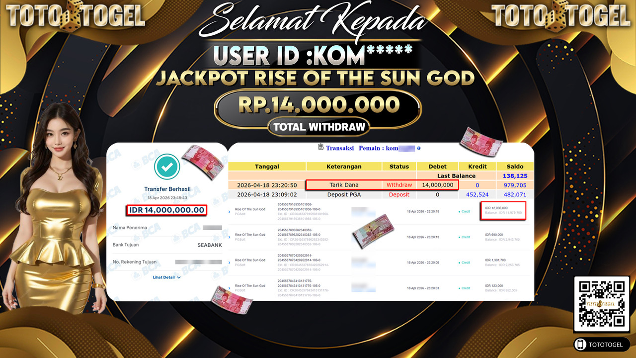 Bukti Pembayaran Jackpot Permainan Slot Rise Of The Sun God ID:KOM*****LUNAS