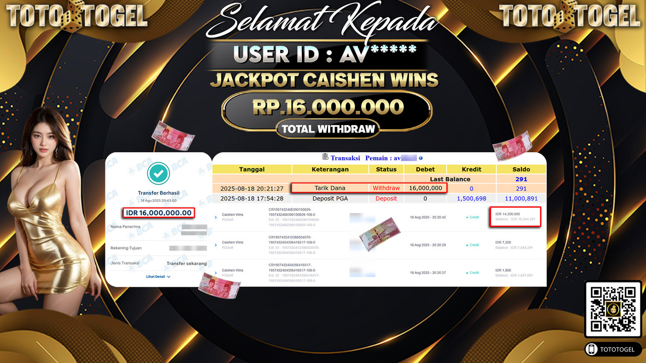 Bukti Pembayaran Jackpot Permainan Slot Caishen Wins ID:AV***** LUNAS