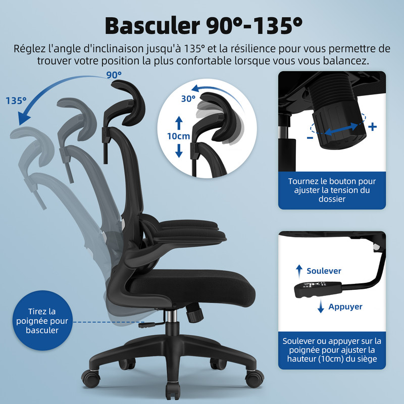 Fauteuil de Bureau, Accoudoirs Rembourrés Pliables, Chaise de Bureau  Inclinable, Appui-Tête Ajustable de 10cm, Fauteuil de Bureau Ergonomique  Charge 150KG - Conforama