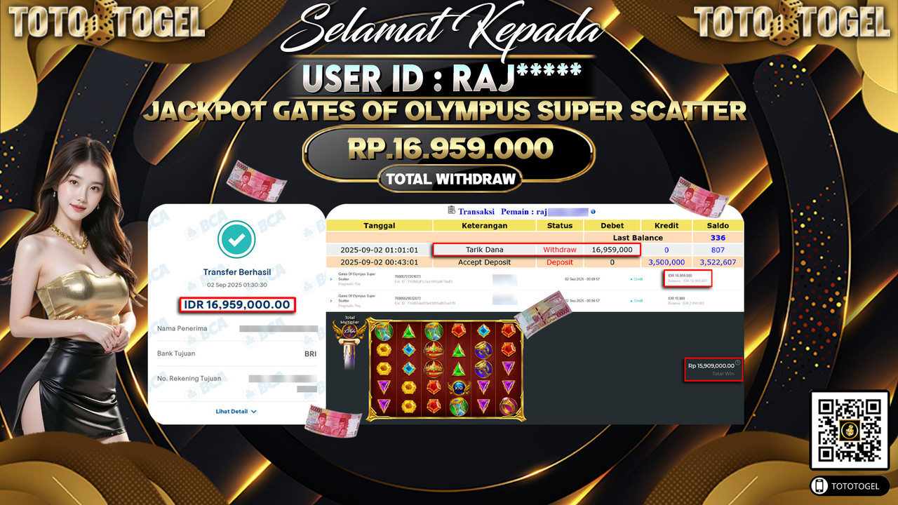 Bukti Pembayaran Jackpot Permainan Slot Gates Of Olympus Super Scatter ID:RAJ***** LUNAS