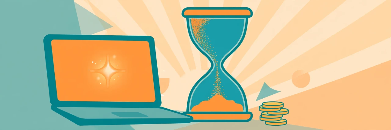 Flat illustration of a laptop with an AI spark icon, an hourglass and a stack of coins — free AI tools in India before the December 2026 deadline