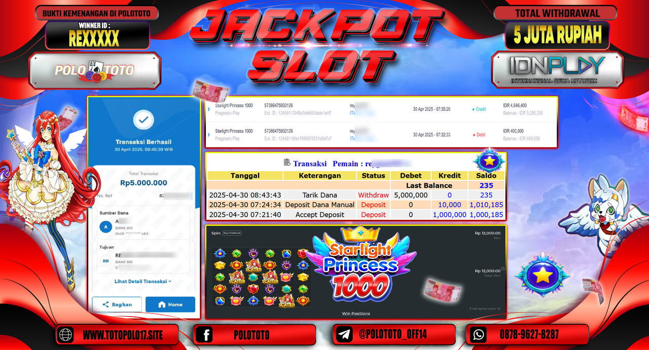 POLOTOTO JACKPOT SLOT STARLIGHT PRINCESS 1000 Rp.5.000.000,-