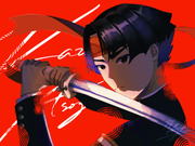digital art of Kazuma Asogi from The Great Ace Attorney holding his katana while looking at the viewer. The text in the background reads: Kazuma Asogi.