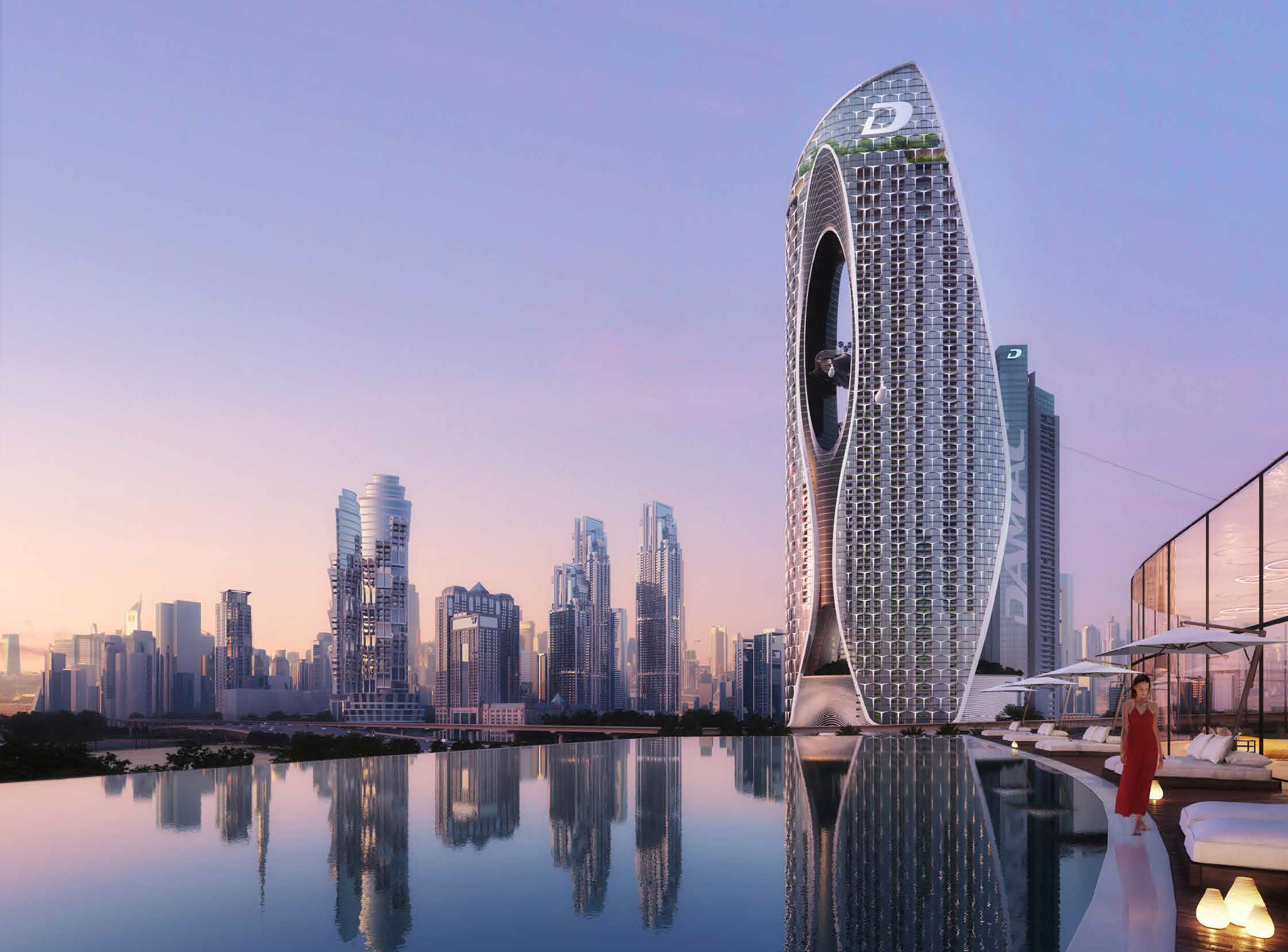 Safa Two Distress Deal luxury tower exterior by Damac in Business Bay Dubai featuring futuristic architecture, lush sky gardens, and premium waterfront lifestyle setting