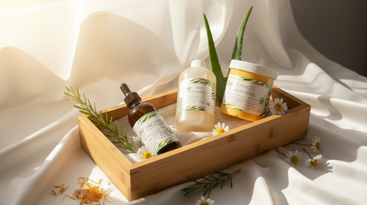 Woman working with botanical ingredients in an apartment setting