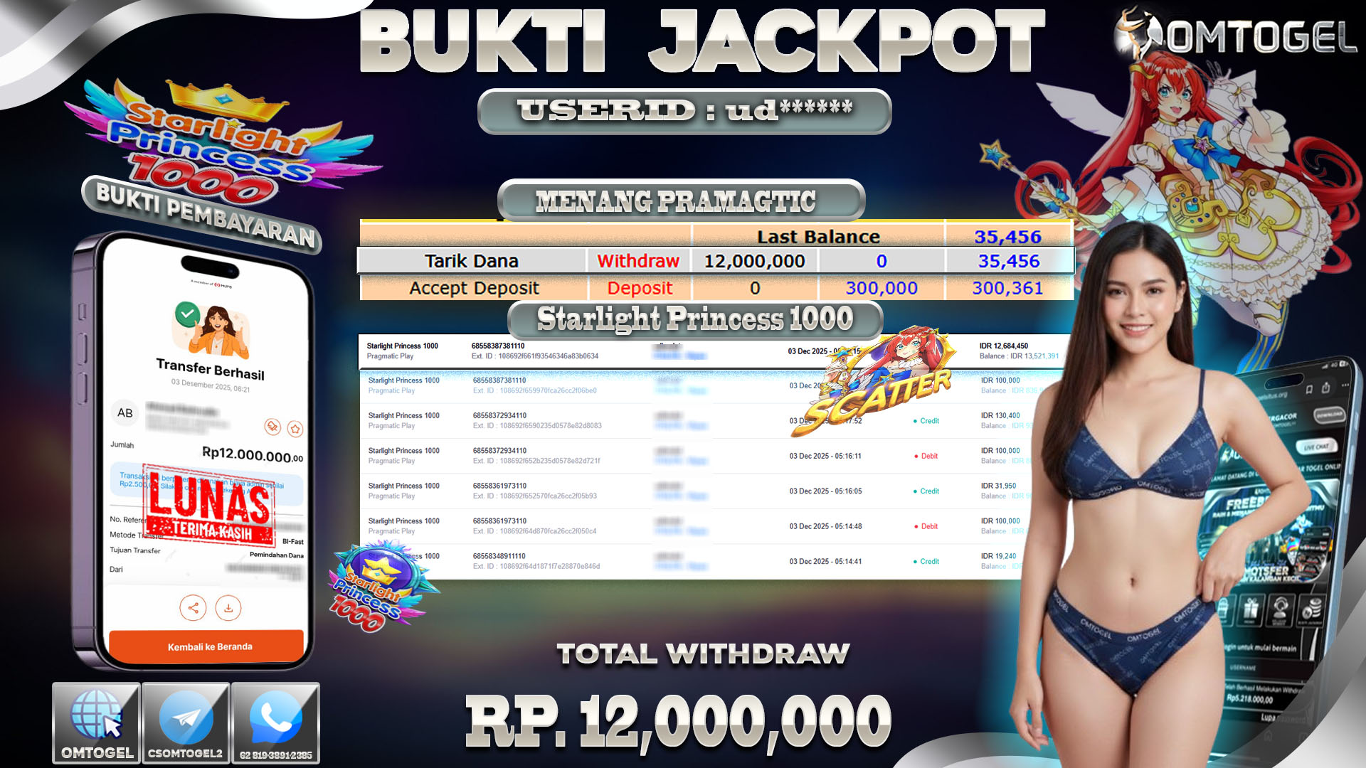 OMTOGEL JACKPOT PRAGMATIC PLAY STARLIGHT PRINCESS 1000 , 12 JUTA DI BAYAR LUNAS ,-