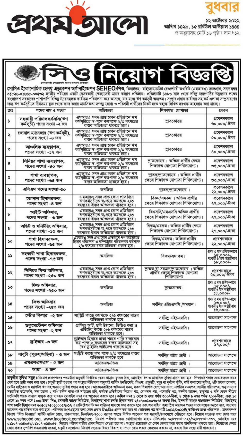 Seheo NGO Job Circular 2022 