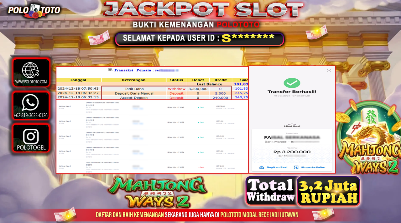 POLOTOTO JACKPOT SLOT MAHJONG WAYS 2 Rp.3,200.000,-
