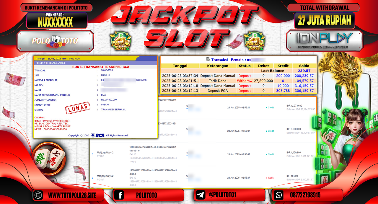 POLOTOTO JACKPOT SLOT MAHJONG WAYS 2 Rp.27.000.000,-