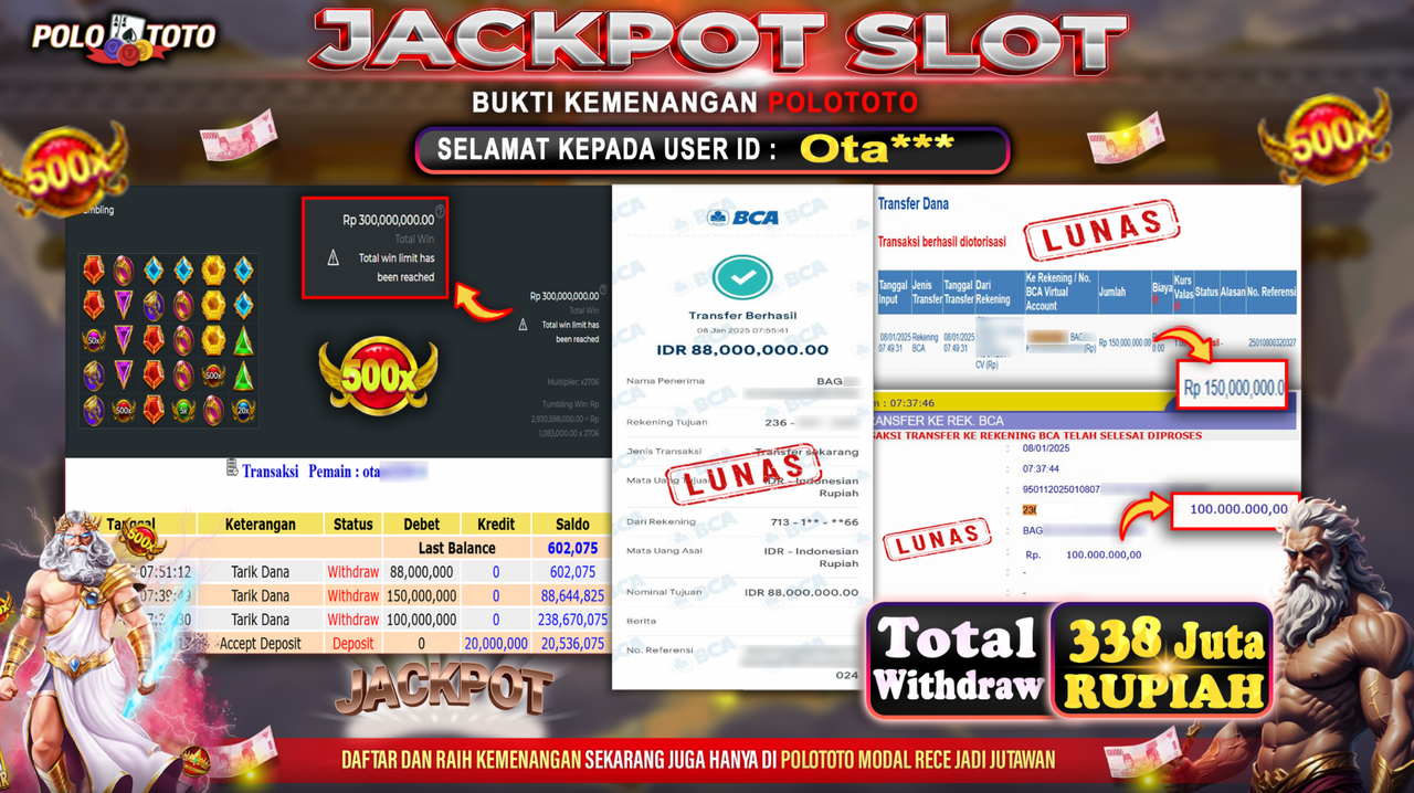 POLOTOTO JACKPOT SLOT GATES OF OLYMPUS 1000 Rp.338,000.000,-