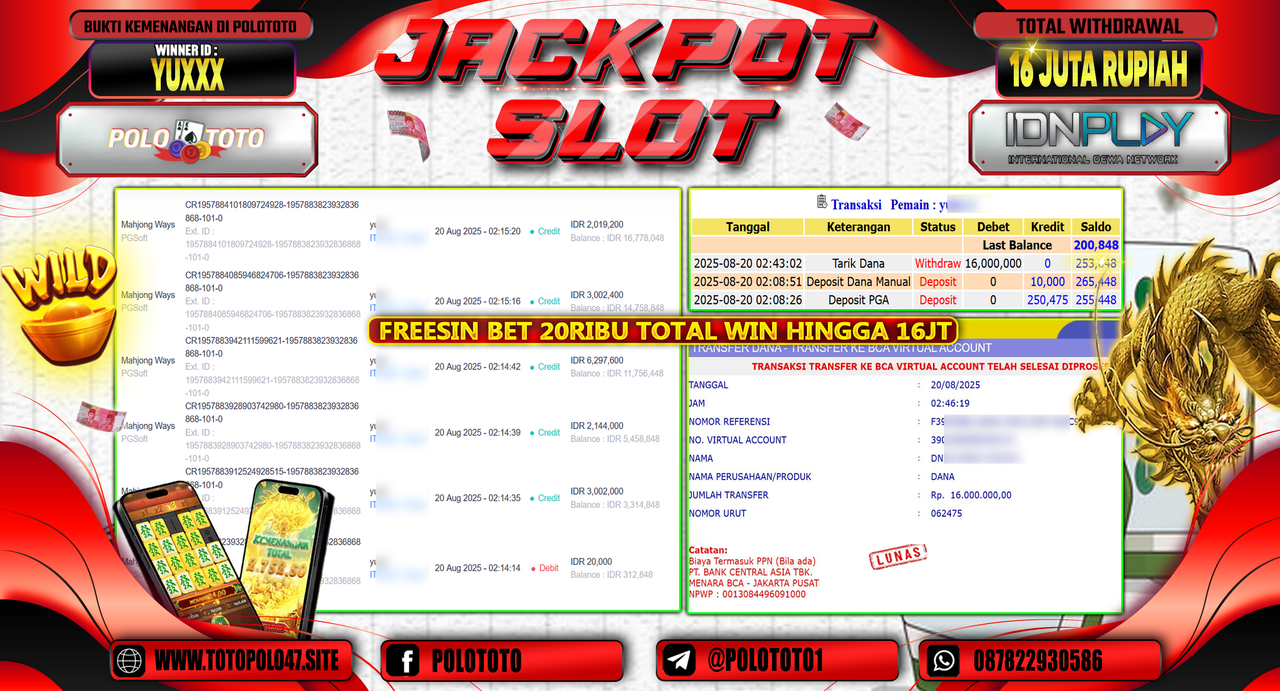 POLOTOTO JACKPOT SLOT MAHJONG WAYS Rp.16.000.000,-