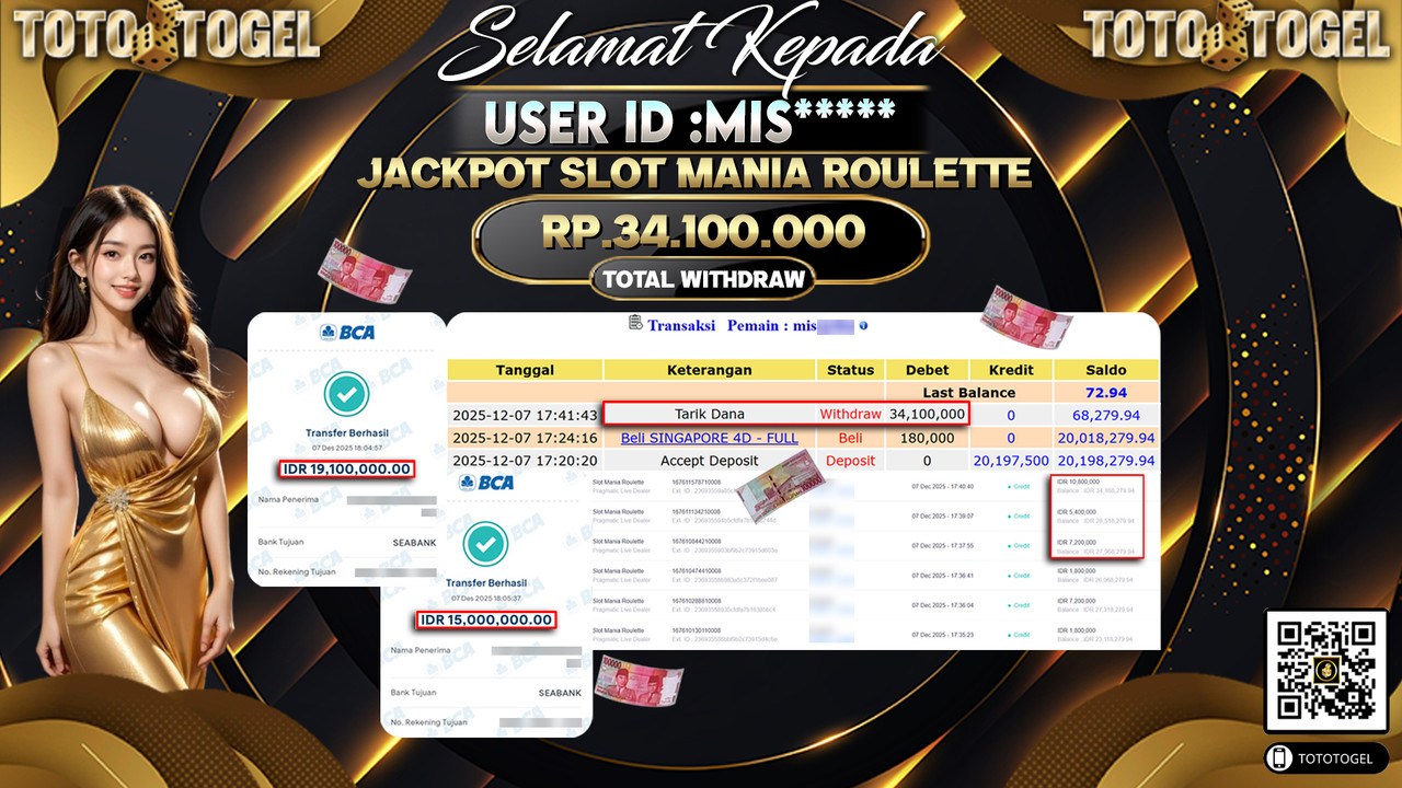 Bukti Pembayaran Jackpot Permainan Pragmatic Live Slot Mania Roulette ID:MIS***** LUNAS