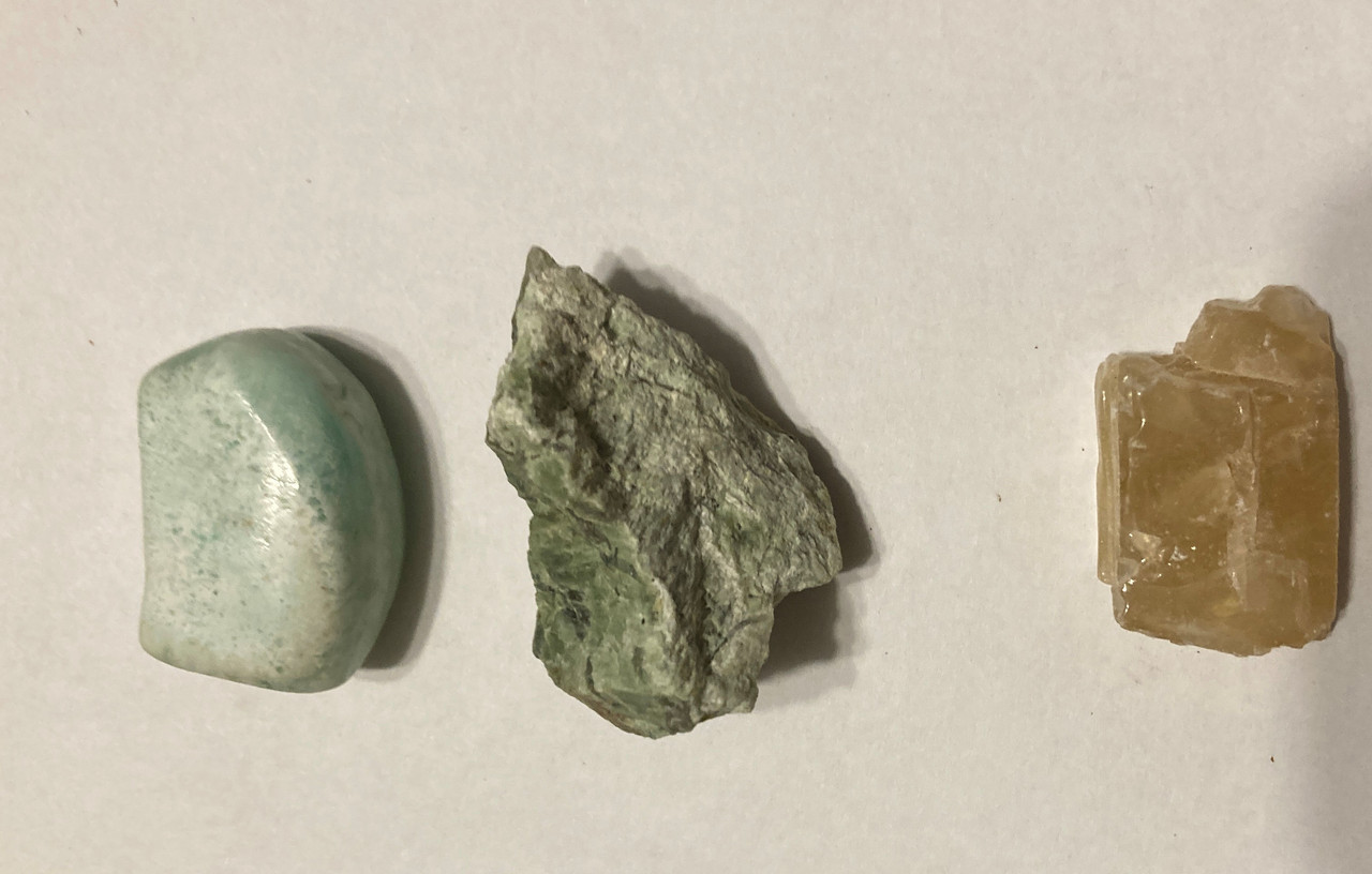 tumbled blue aragonite, raw chrysoprase, raw honey calcite, information sheet