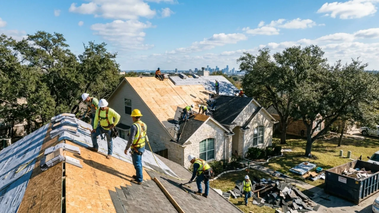 Roof decking inspection during tear-off phase of San Antonio roof replacement