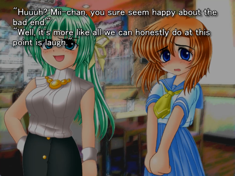 a still image from the original higurashi visual novel. shion and Rena are on the screen. Rena says “ 