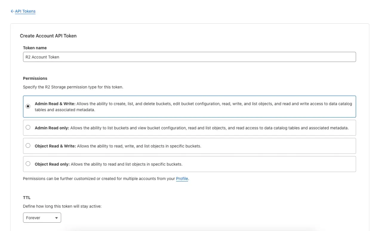 R2 Account API tokens view