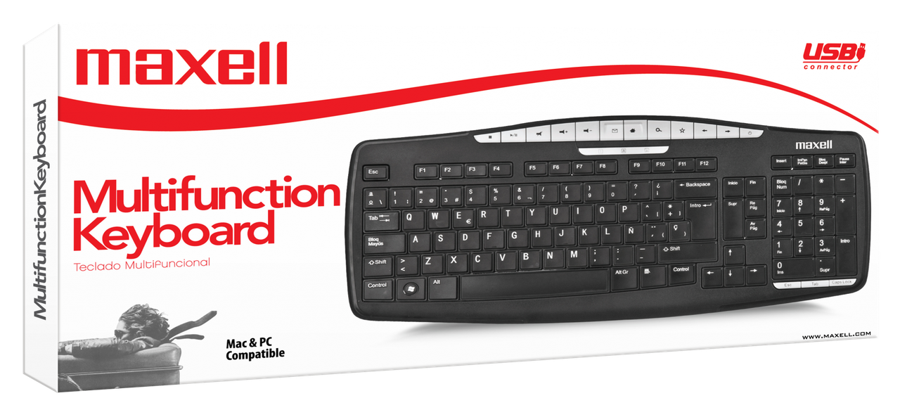 Una persona utilizando el teclado Maxell en un escritorio de oficina.